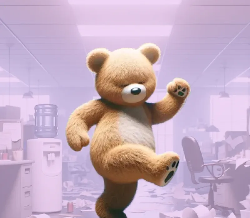 Een dansende beer op kantoor.